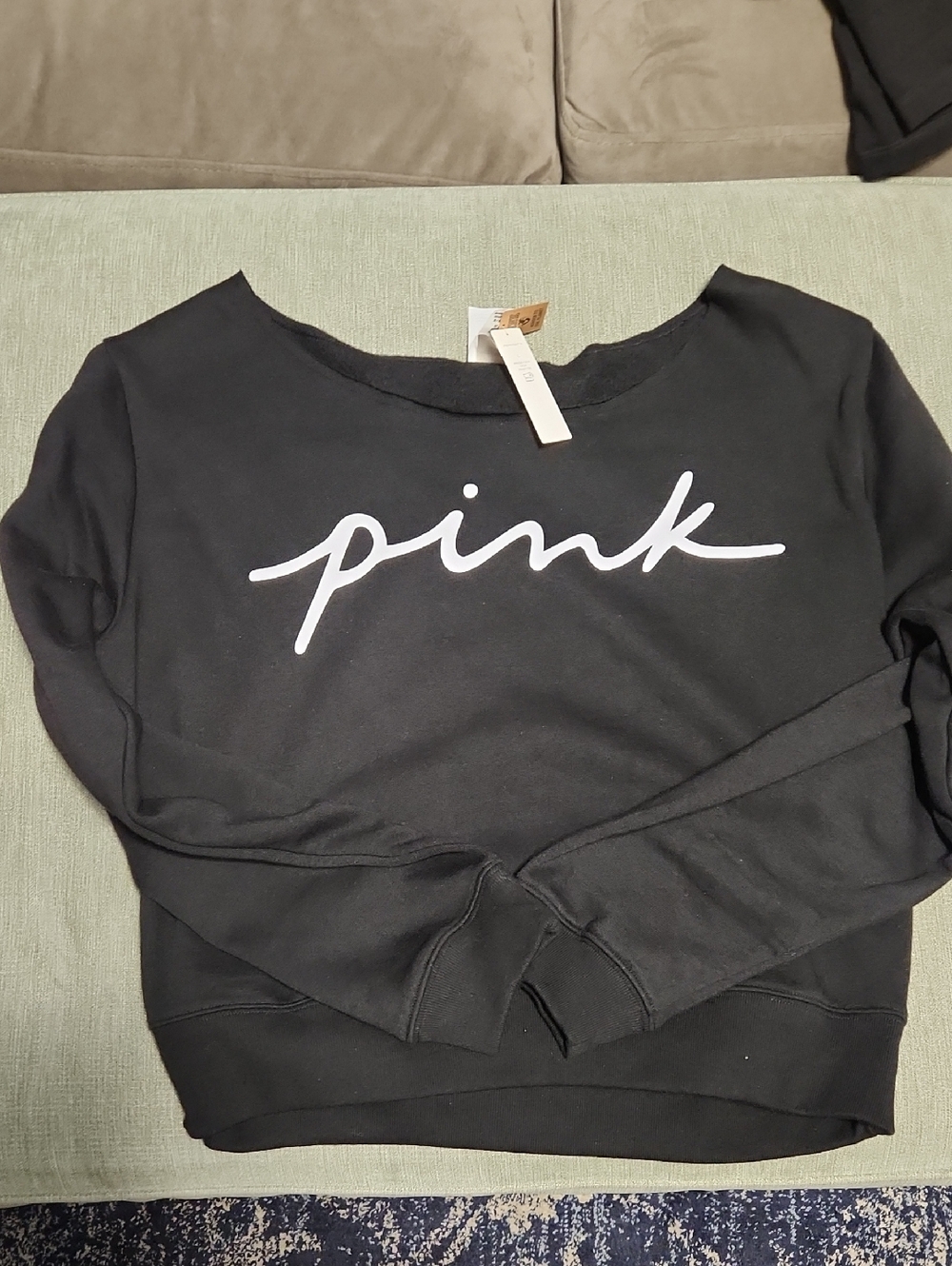 PINK Black Crewneck Sweatshirt with Script Logo